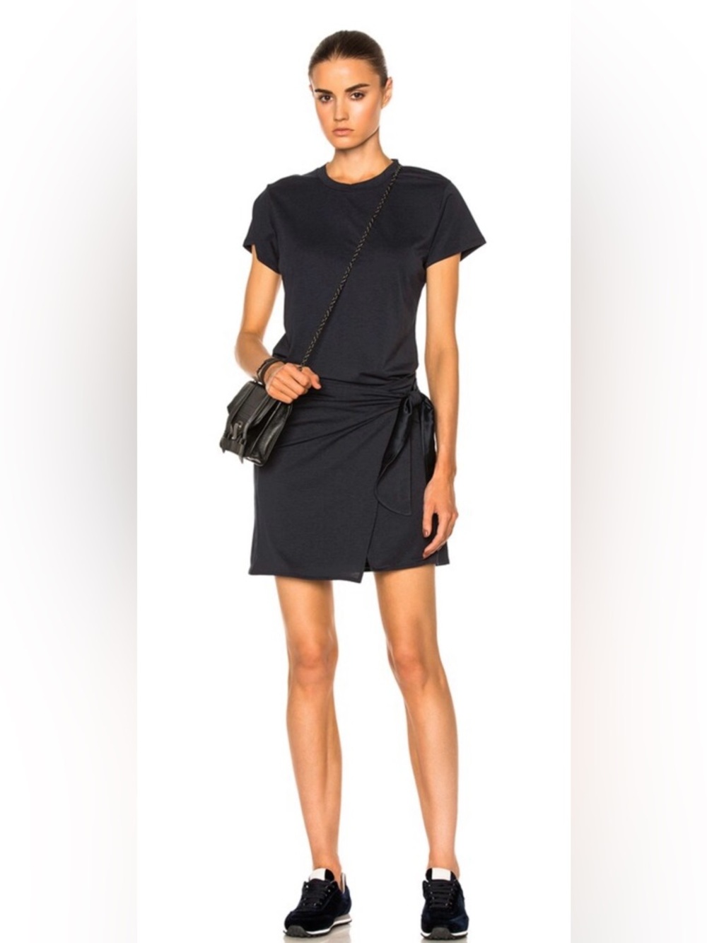 rag & bone Andie Tee Dress Navy S Tie Front Wrap Detail Silk Combo Mini